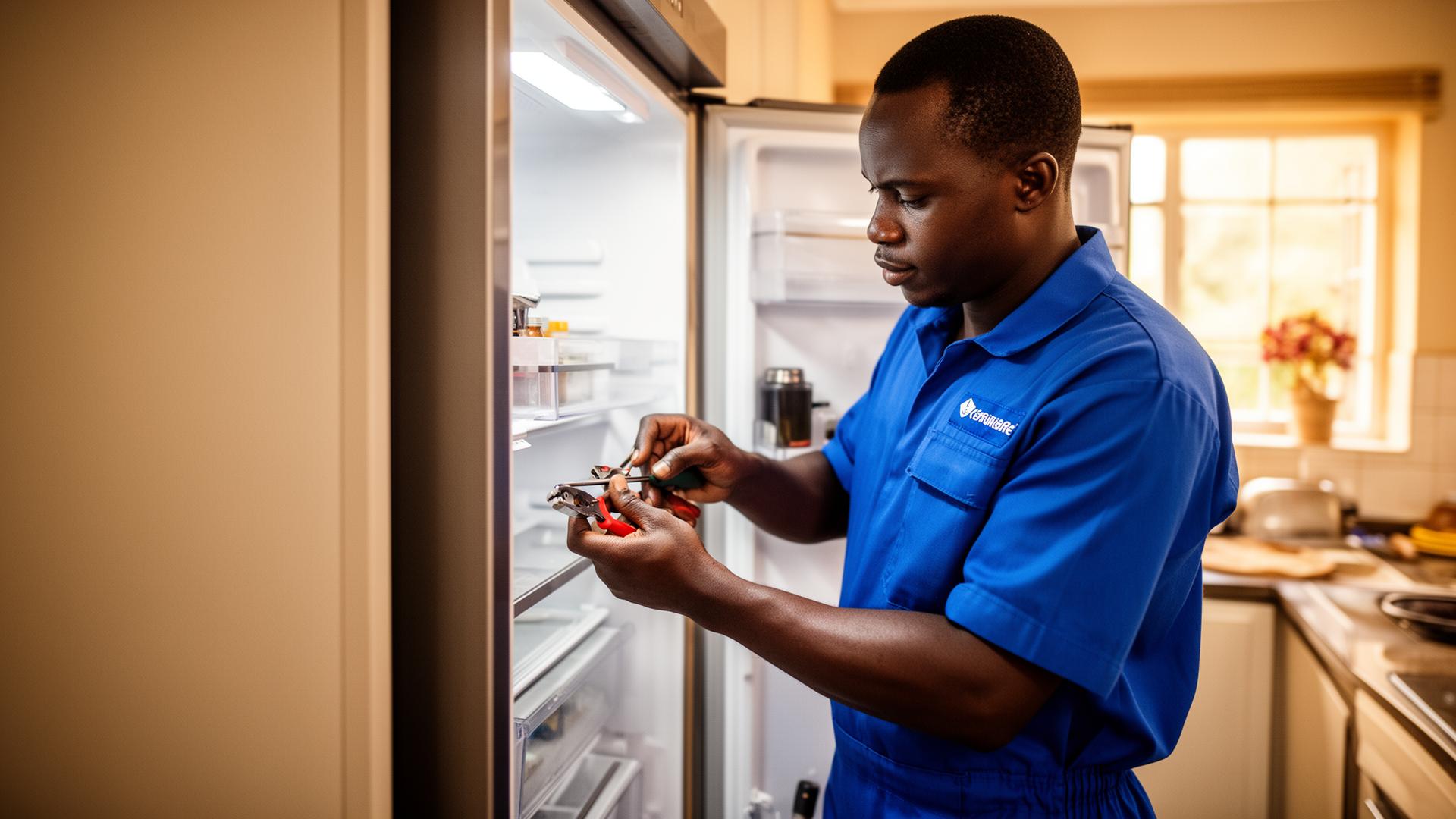 Kenyan technician repairing a fridge in a Nairobi home